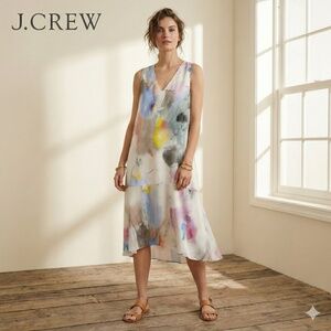 J. Crew Silk Watercolor Abstract Shift Dress Sleeveless White Size 16